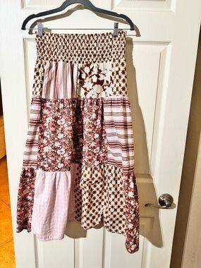 Universal Thread Pink and Brown Patchwork Tiered Smocked Midi Skirt